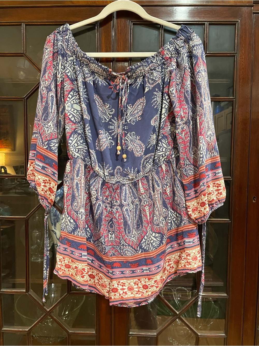Boho Peasant Off Shoulder LS Romper Navy, Coral & Red Large